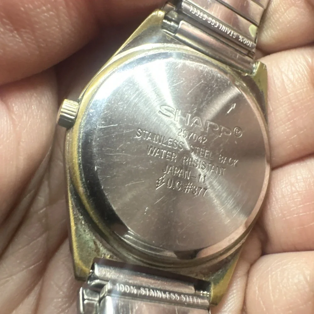 Working Vintage Sharp Mens Watch Silver Day Date White Quartz 35mm Fit 7.5